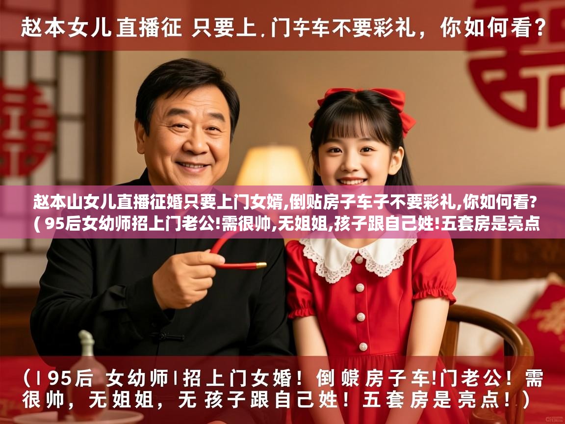 赵本山女儿直播征婚只要上门女婿,倒贴房子车子不要彩礼,你如何看?  ( 95后女幼师招上门老公!需很帅,无姐姐,孩子跟自己姓!五套房是亮点 )