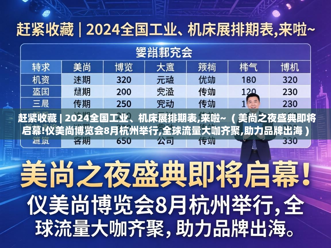  赶紧收藏 | 2024全国工业、机床展排期表,来啦~  ( 美尚之夜盛典即将启幕!仪美尚博览会8月杭州举行,全球流量大咖齐聚,助力品牌出海 )